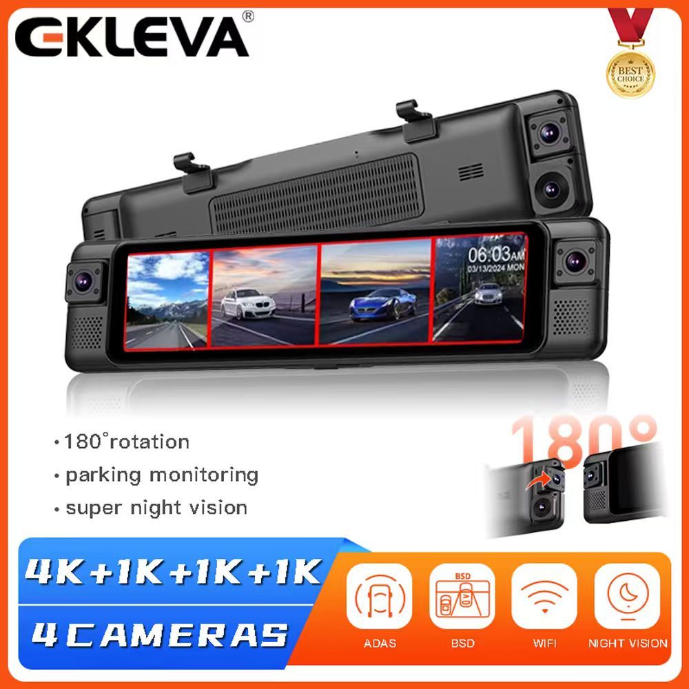 EKLEVA 4CH 11.26 Inch Dashcam Mobil Kamera Spion Belakang 4K, ADAS 360° BSD WiFi Penglihatan Malam M