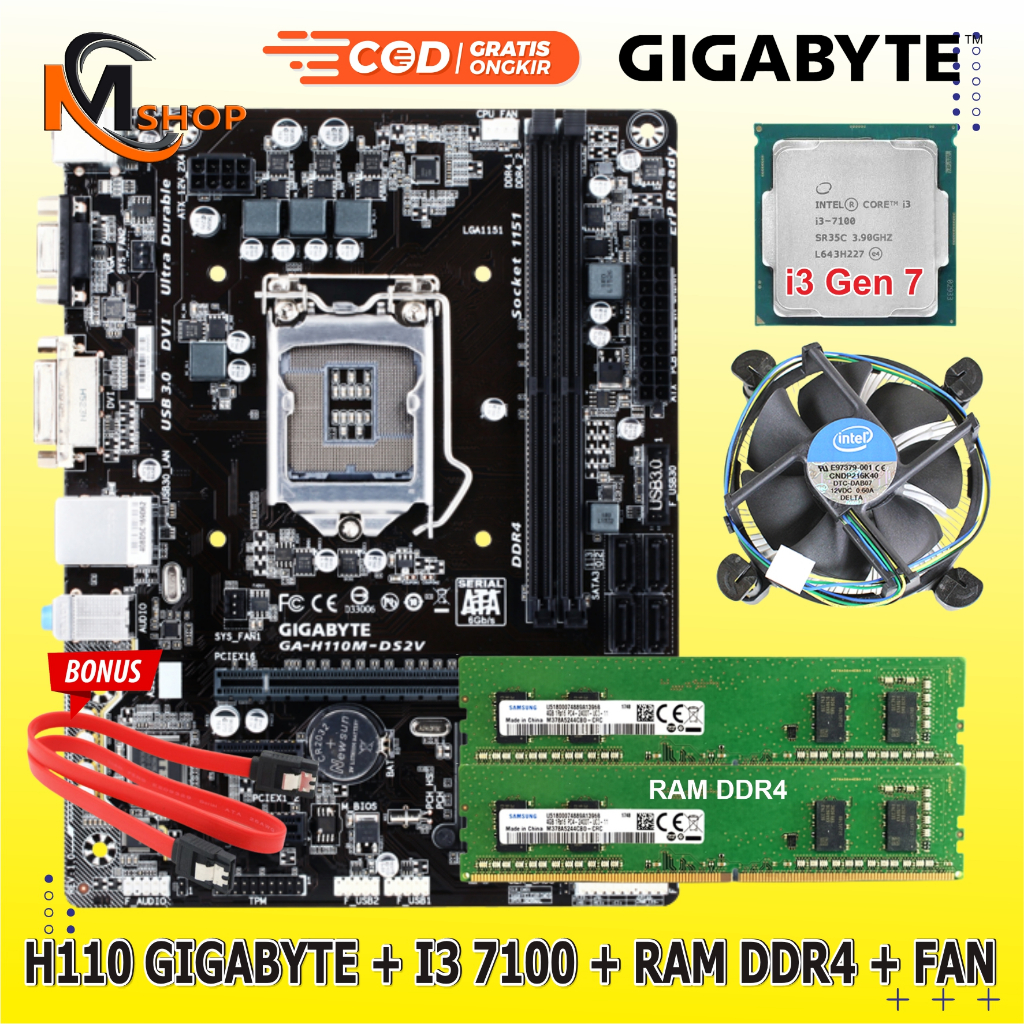 Paket Mainboard Mobo Motherboard H110 LGA 1151 + Processor Intel Core i3 7100 Gen 7 + RAM DDR4 4GB +