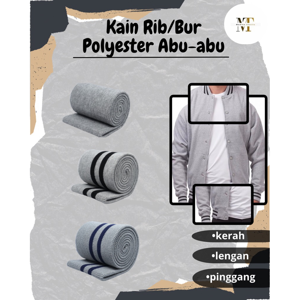 Kain Rib Polyester Motif Strip Salur dan polos Abu-abu Aksesoris Jaket Lembaran Tebal Elastis