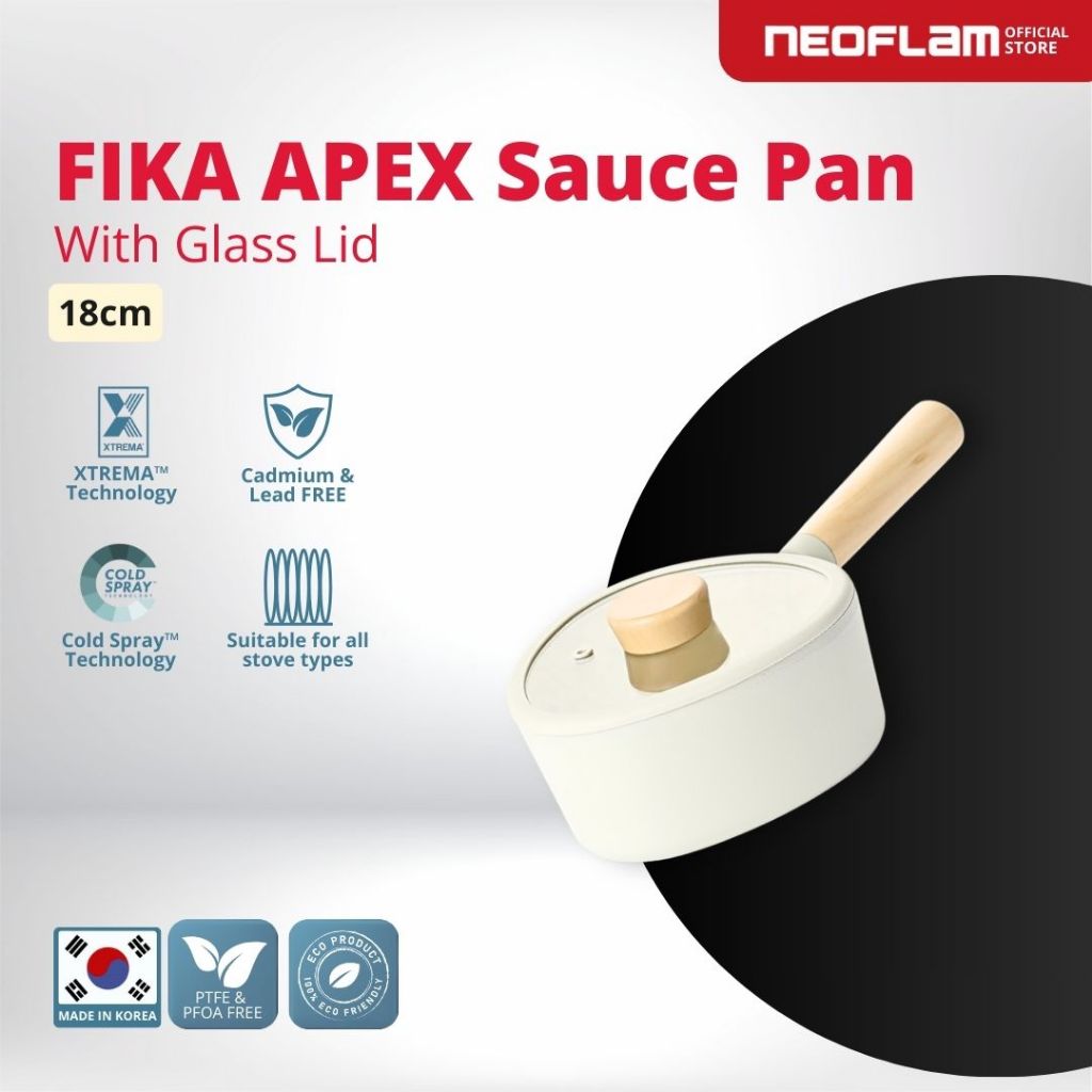 NEOFLAM FIKA APEX Saucepan 18cm with Glass Lid Ivory - Panci Saus + Tutup  Anti Lengket & Tahan Gore