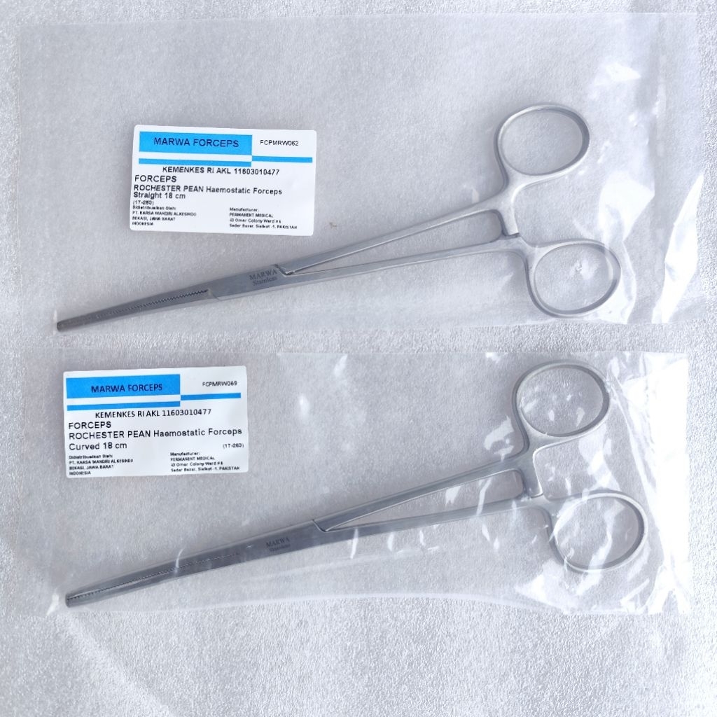 Klem  Arteri Lurus - Bengkok 18 cm MARWA . Pean Arteri / Rochester Pean Haemostatic Forcep