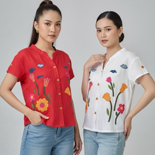 310058A | BLOUSE KATUN LINEN NO STRETCH LENGAN PENDEK MOTIF BUNGA MERAH PUTIH