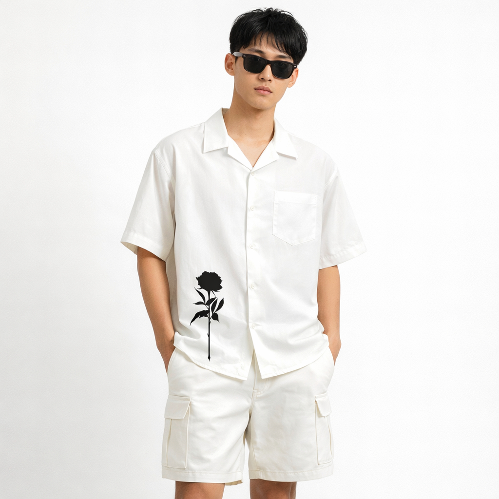 Kemeja Putih Pria Motif Bunga Mawar Rose Hitam Kemeja Kerah Rebah Camp Collar Vintage Streetwear Dis