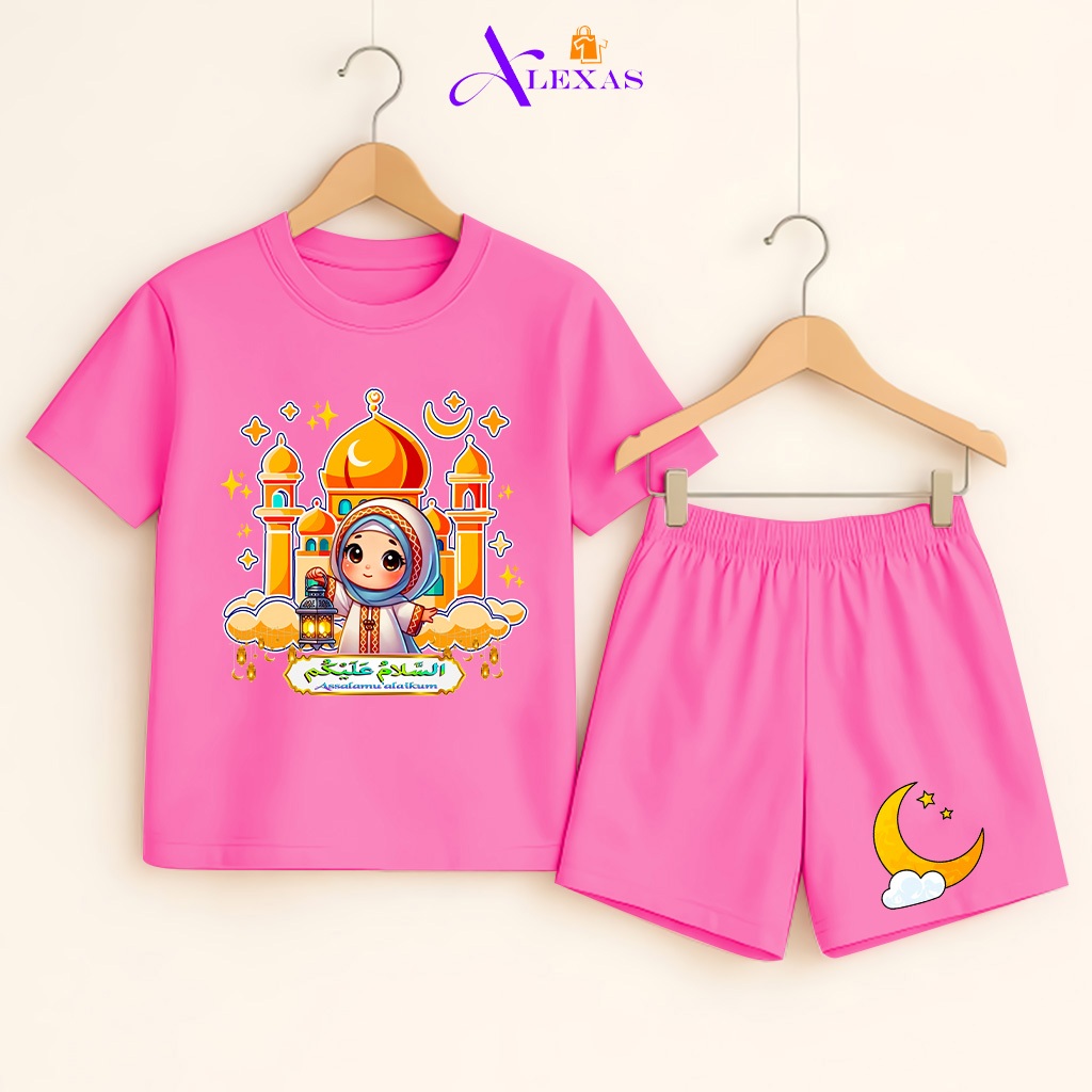 Setelan Baju Anak Perempuan Muslimah Lengan Pendek Banyak Warna Umur 1-10 Tahun