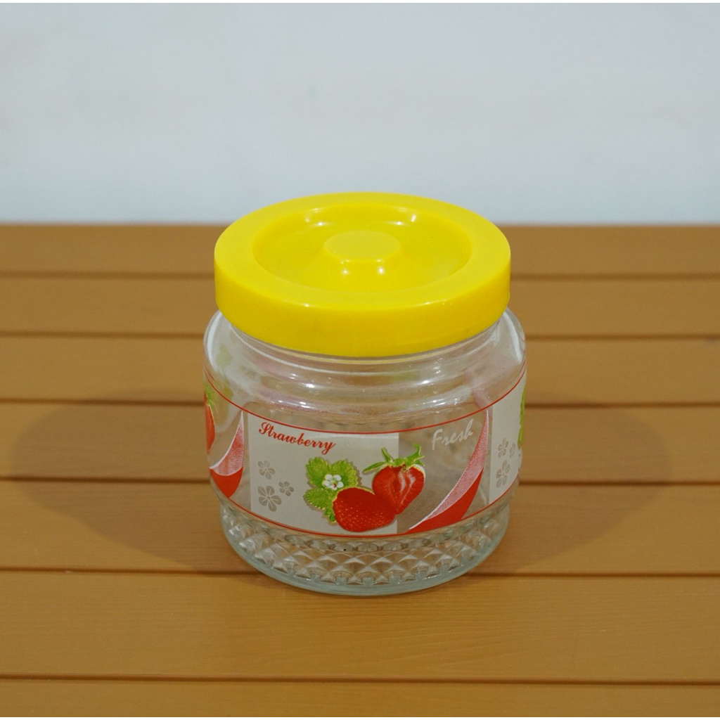 Toples Kaca Bulat Tutup Kuning Motif Stroberi Serbaguna