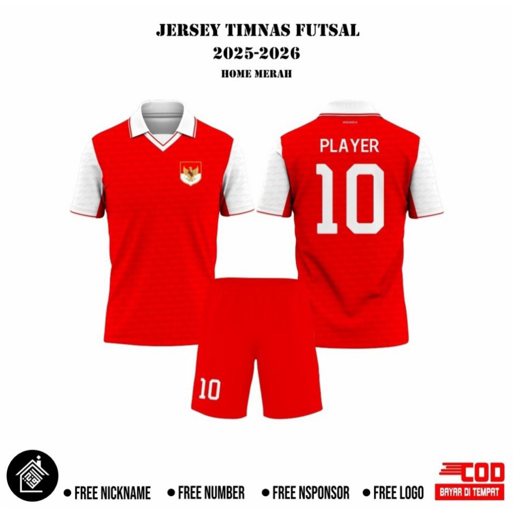BAJU JERSEY TIMNAS FUTSAL MERAH HOME TERBARU CUSTUM NAMA FULL PRINTING PREMIUM