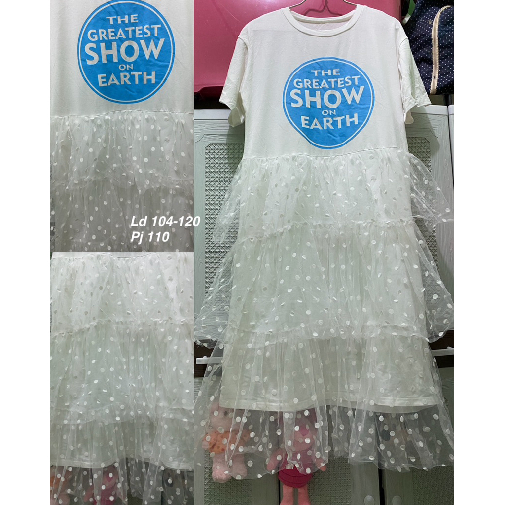 dress kaos kombinasi tile polkadot