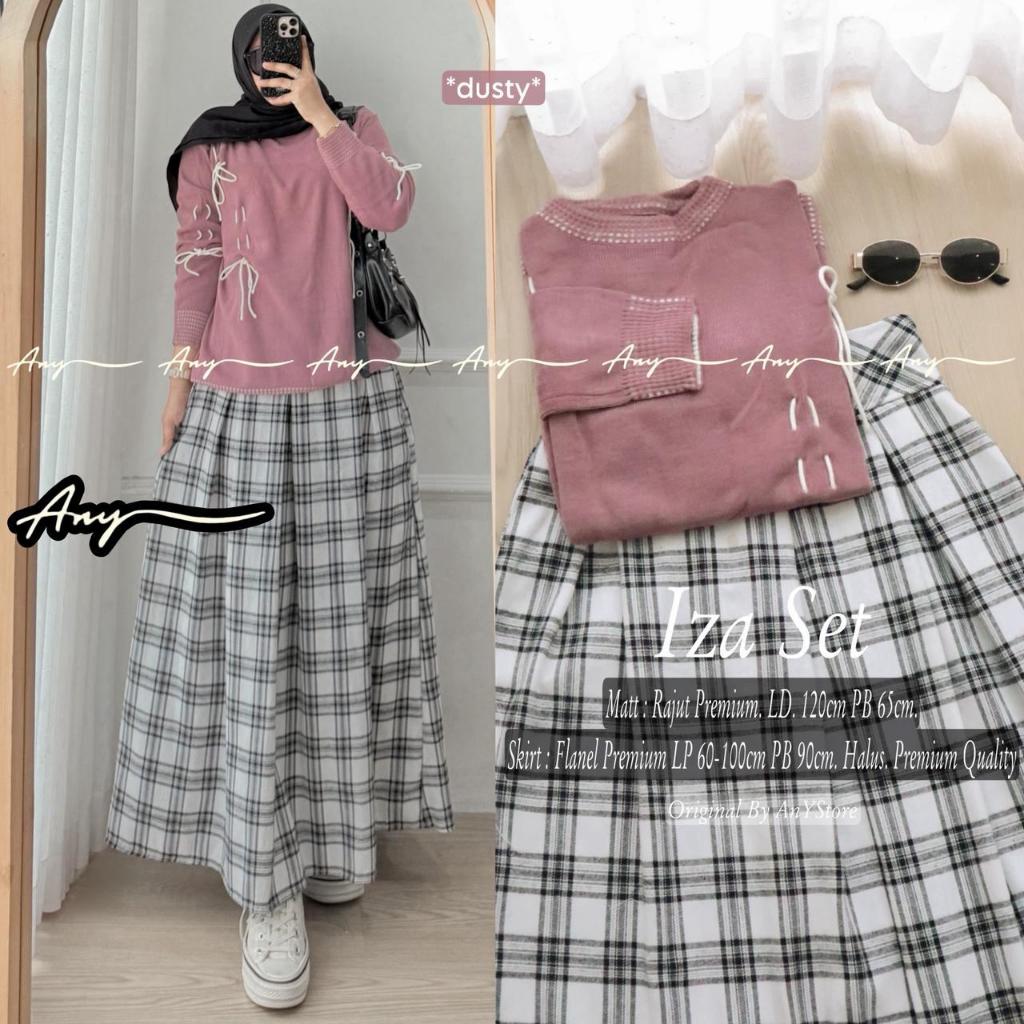 Iza Setelan Wanita Rajut Top Oversize Premium Original Any Store Kombinasi Rok Maxi Kotak Plaid Skir