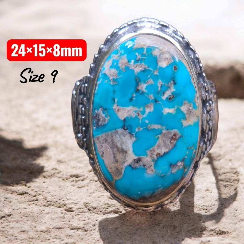 Cincin Batu Pirus Persia Biru Serat Perak