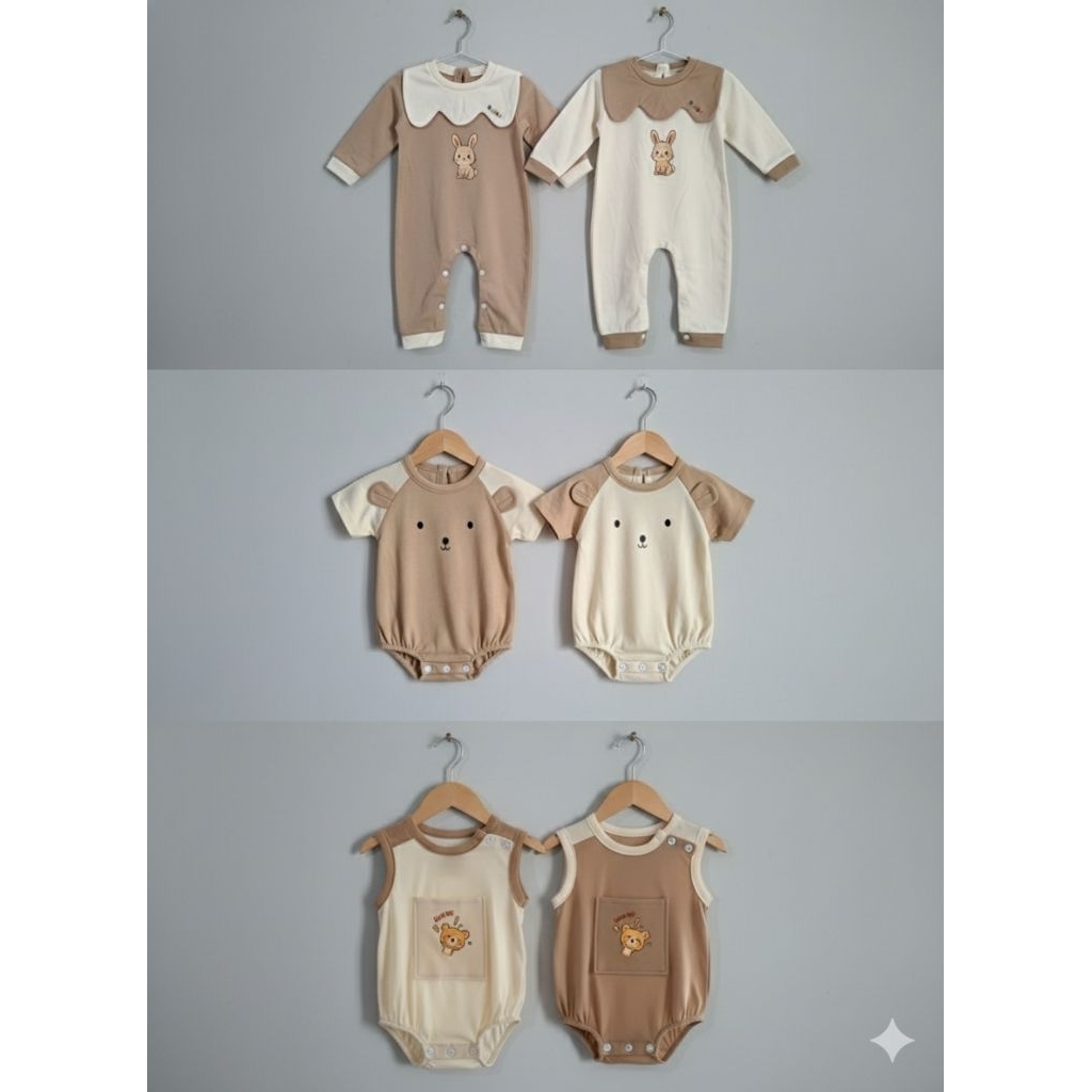 Baju Bayi Jumper Korea Estetik Motif Bear & Rabbit - Romper Bayi Laki Laki Perempuan Newborn - Setel