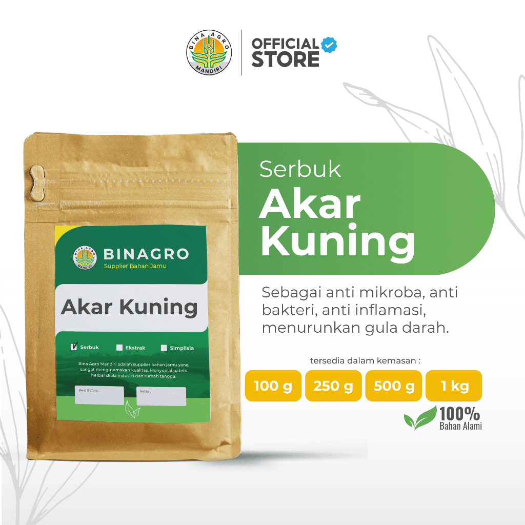 AKAR KUNING Serbuk Bubuk Jamu Akar Kuning Murni Tanpa Campuran 100 gr, 250 gr 500 gr, 1kg Premium Bi