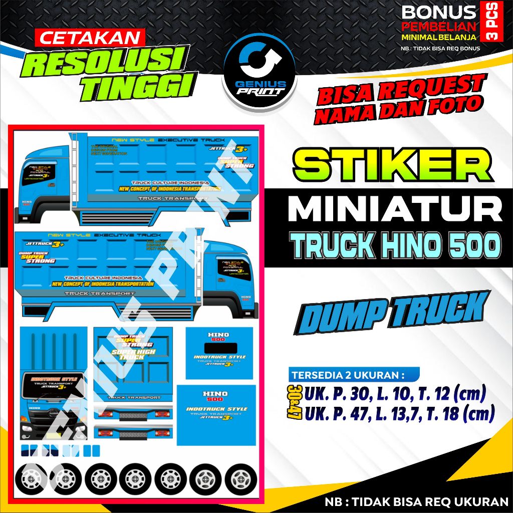 STIKER MINIATUR TRUK HINO 500 TIPE DUMP TRUCK UK. 30&47cm
