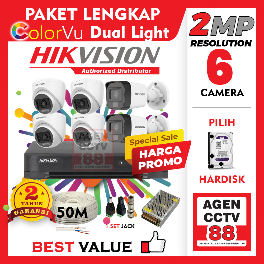 Paket CCTV HIKVISION 6CH 6 Channel Camera 2MP 1080P Colorvu Dual Light Garansi Resmi