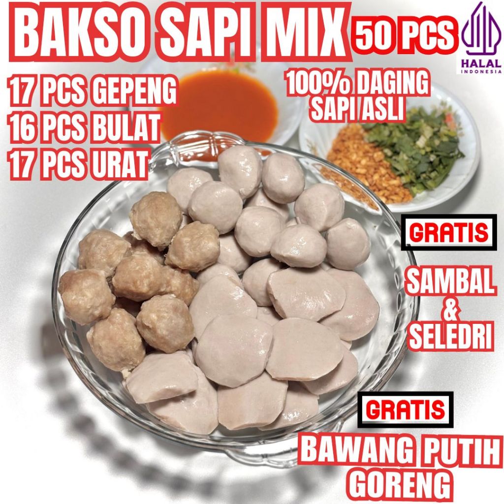 Bakso Sapi Gepeng 50 pcs 100% Halal (Gepeng,Bulat Halus,Urat) | Baso Sapi | Bakso Daging Sapi | Baso