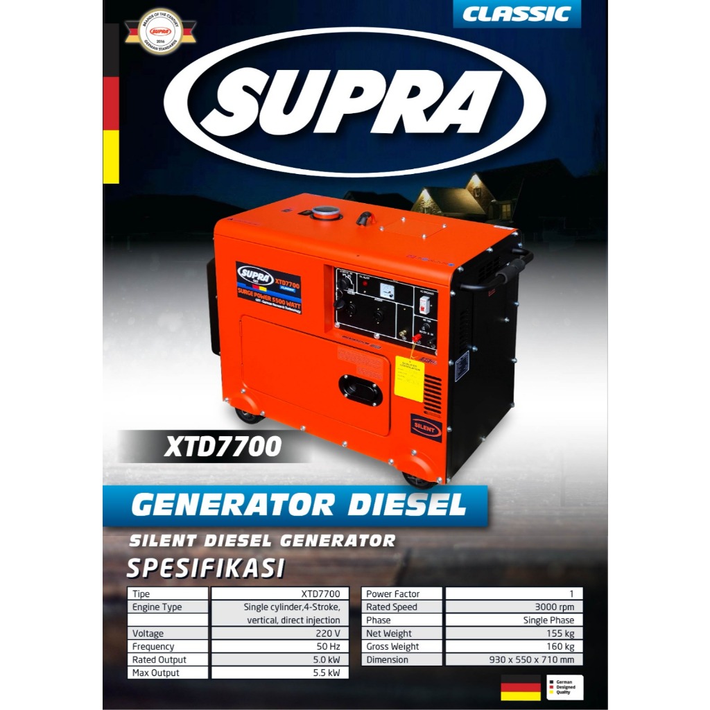 SUPRA XTD7700 GENSET GENERATOR LISTRIK SILENT SOLAR 5000 WATT 5KVA
