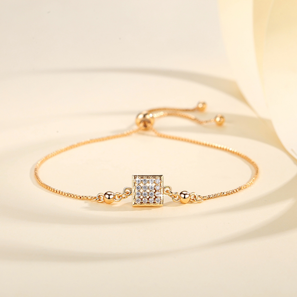 Lanme Jewelry Gelang Titanium Desain Square Berlian Lapis Emas Gelang Serut Fashion Aksesoris Wanita