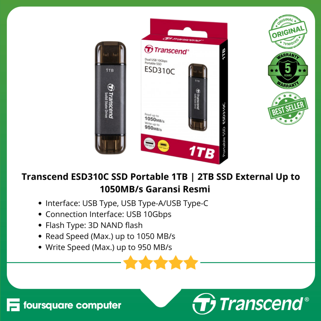 Transcend ESD310C SSD Portable 1TB | 2TB SSD External Up to 1050MB/s Garansi Resmi