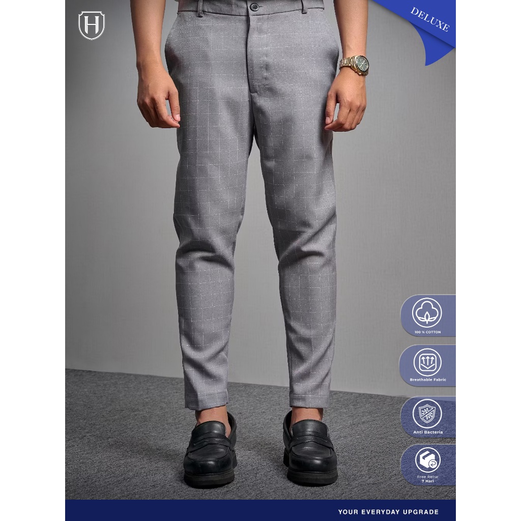 HAILUK Ankle Pants Tartan Abu Celana Panjang Slimfit Pria