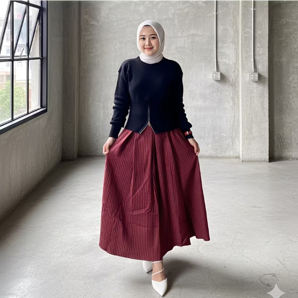 Rok Rempel Stripe Garis Salur Korean Style Wanita SemiWoll Premium - ILONAKU FASHION