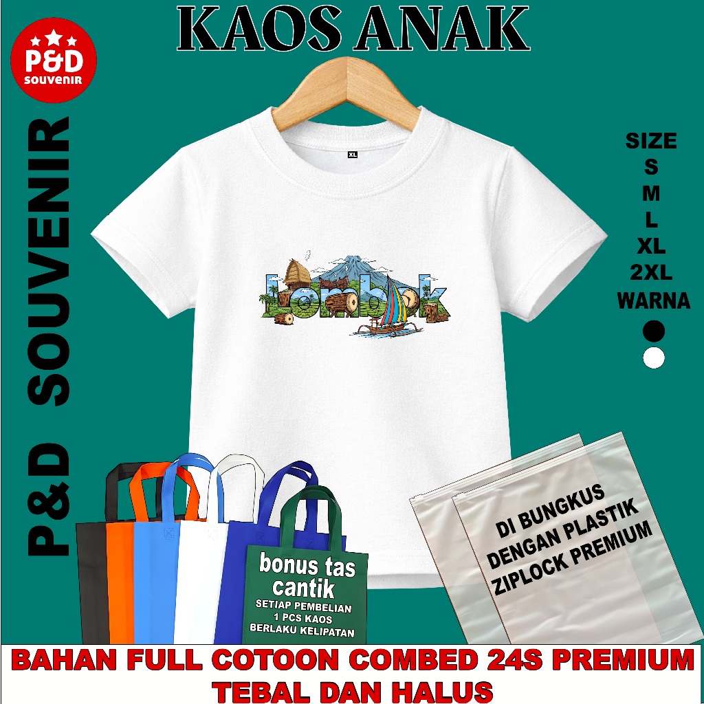 KAOS ANAK SOUVENIR OLEH OLEH  GILI TRAWANGAN (A) WARNA PUTIH BAHAN COTTON COMBED 24S TEBAL DAN HALUS