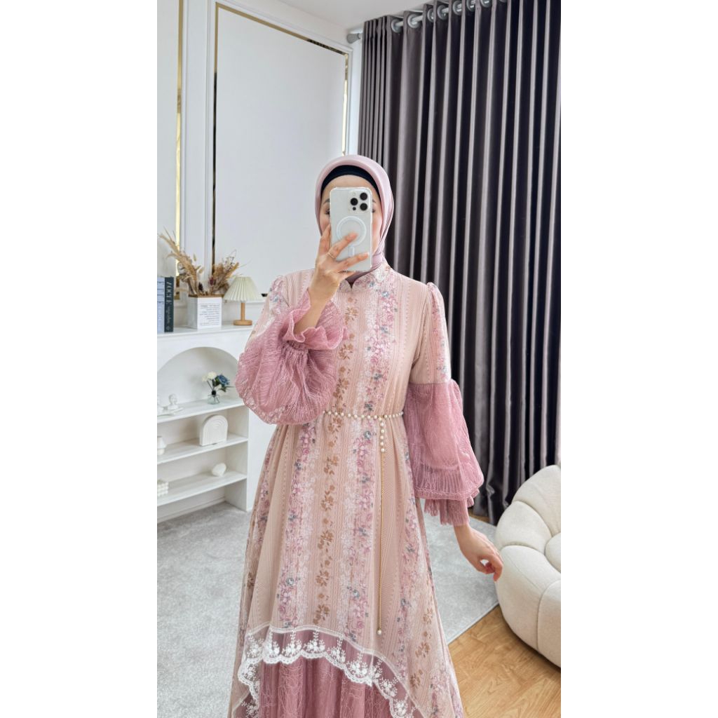 GAMIS DRESS BINI ORANG model malaysia kombinasi ceruty dan brukat free belt simple dan mevvah gamis 