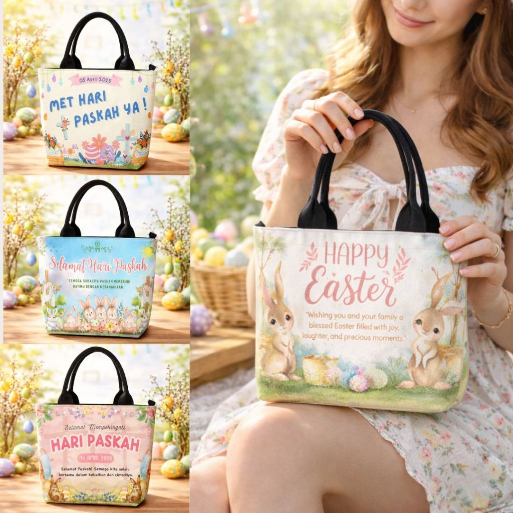 Tas Hampers Totebag Model Tenteng Jinjing Paskah Kelinci Happy Easter | Souvenir Paskah Keluarga