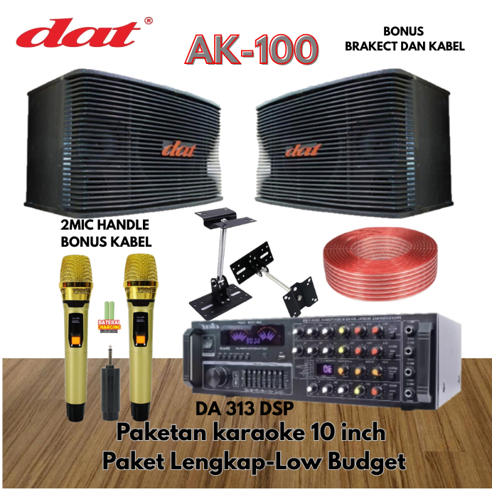 PAKET SPEAKER KARAOKE DAT AK 100 MURAH MERIAH PAKET LENGKAP DENGAN MIC WIRELESS,AMPLIFIER 10INCH