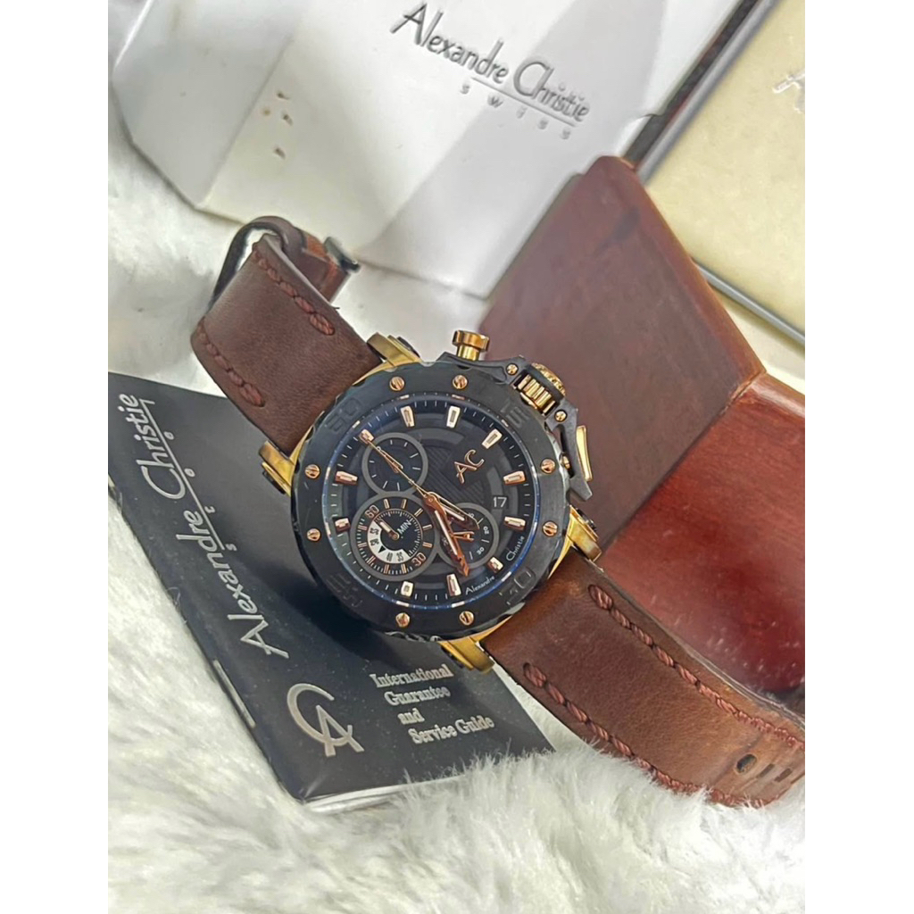 Dijual Jam Tangan AC Collection, AC 9205 MC Hitam Rosegold Strap Coklat Kulit