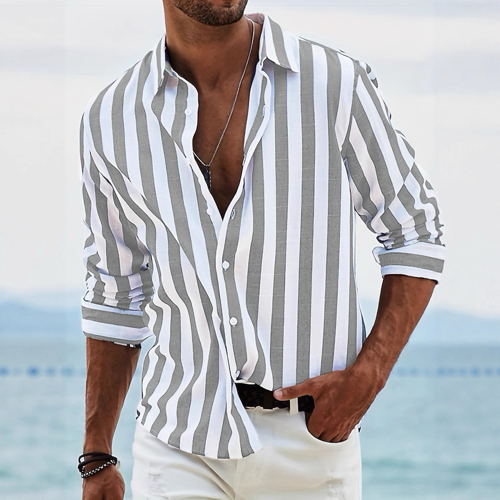 Kemeja Pria Stripe Abu Putih Biru Merah | Kameja Slimfit Korea | Baju Pria Distro