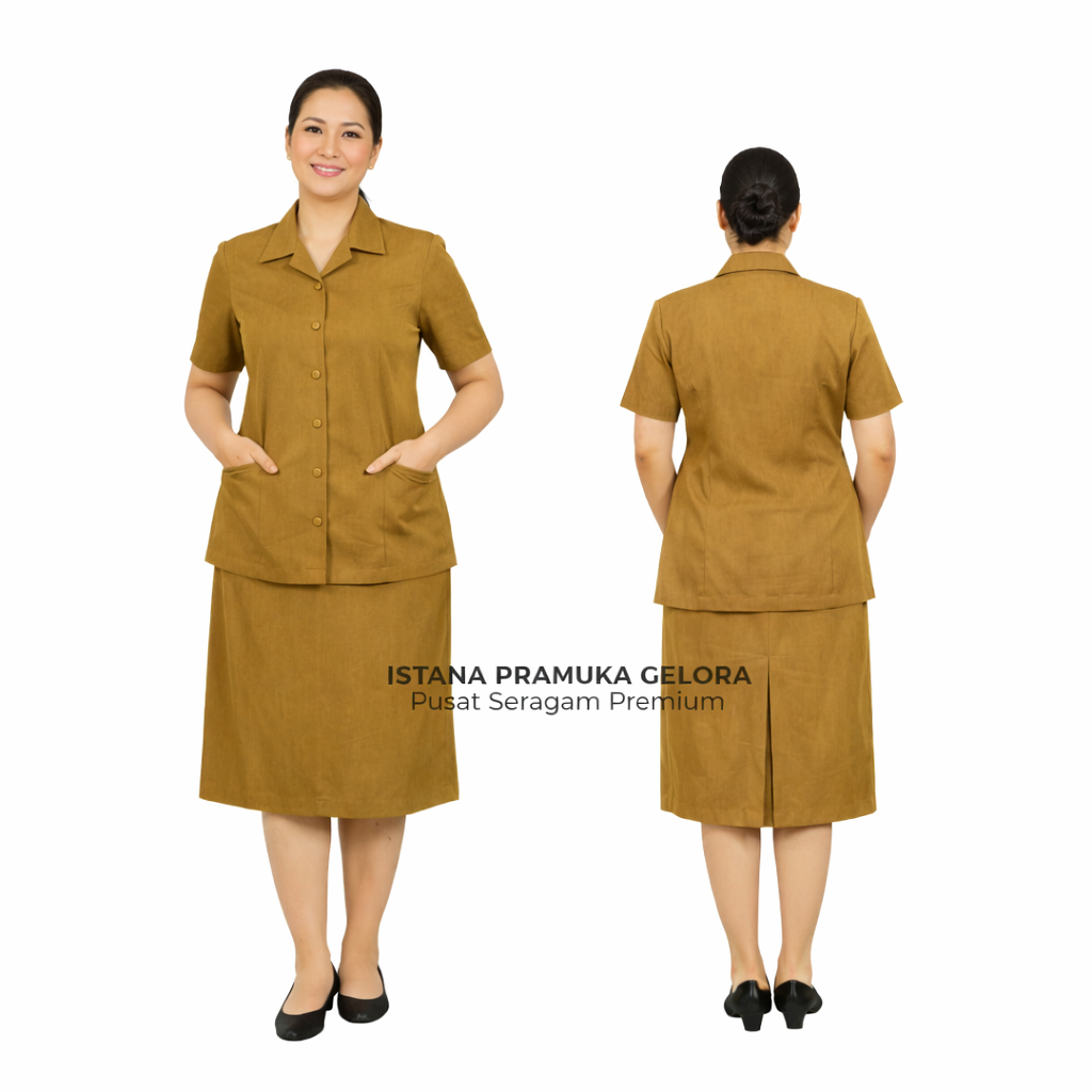 (PREMIUM) Seragam Baju Cokelat Khaki PNS Lengan Pendek Dan Rok Pendek Wanita  - Istana Pramuka Gelor