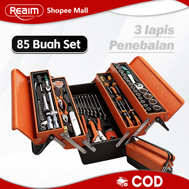 Reaim Tool Box Set Lengkap 85 Pcs Tool Box Perkakas Kunci Sok Set Tool Box Kunci Shock Set