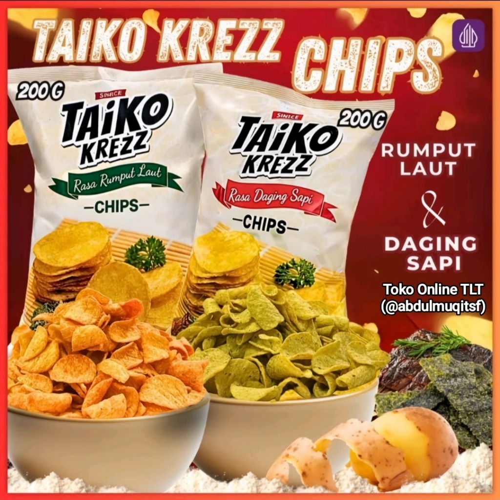 1 Pcs Taiko Krezz Chips 200gr Keripik Tepung Kentang Rasa Daging Sapi Rasa Rumput Laut Renyah Lezat 