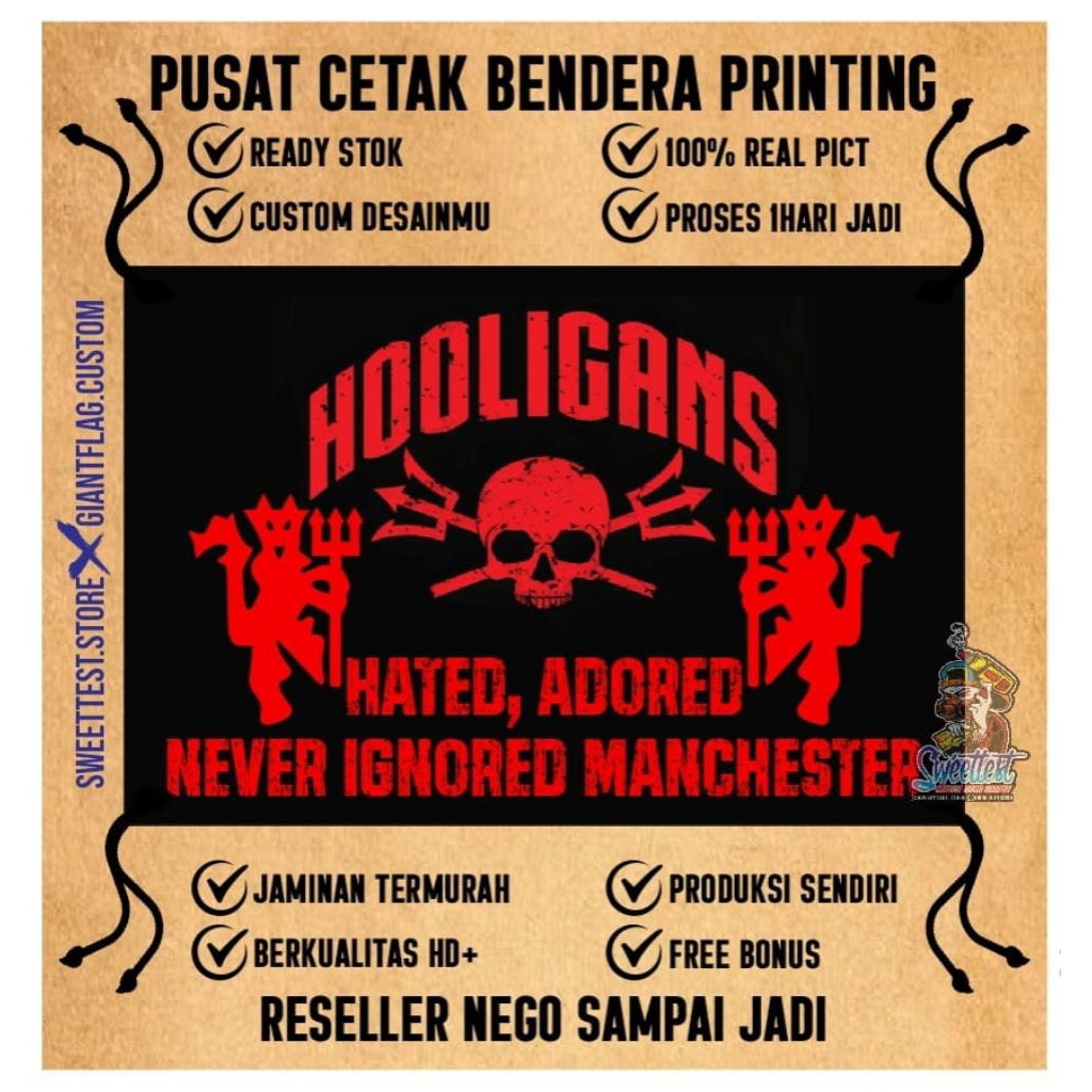 BENDERA 200x300cm, FREE FLAG, STICKER, KUPON BERHADIAH, TERMURAH BENDERA PRINTING MANCHESTER UNITED,