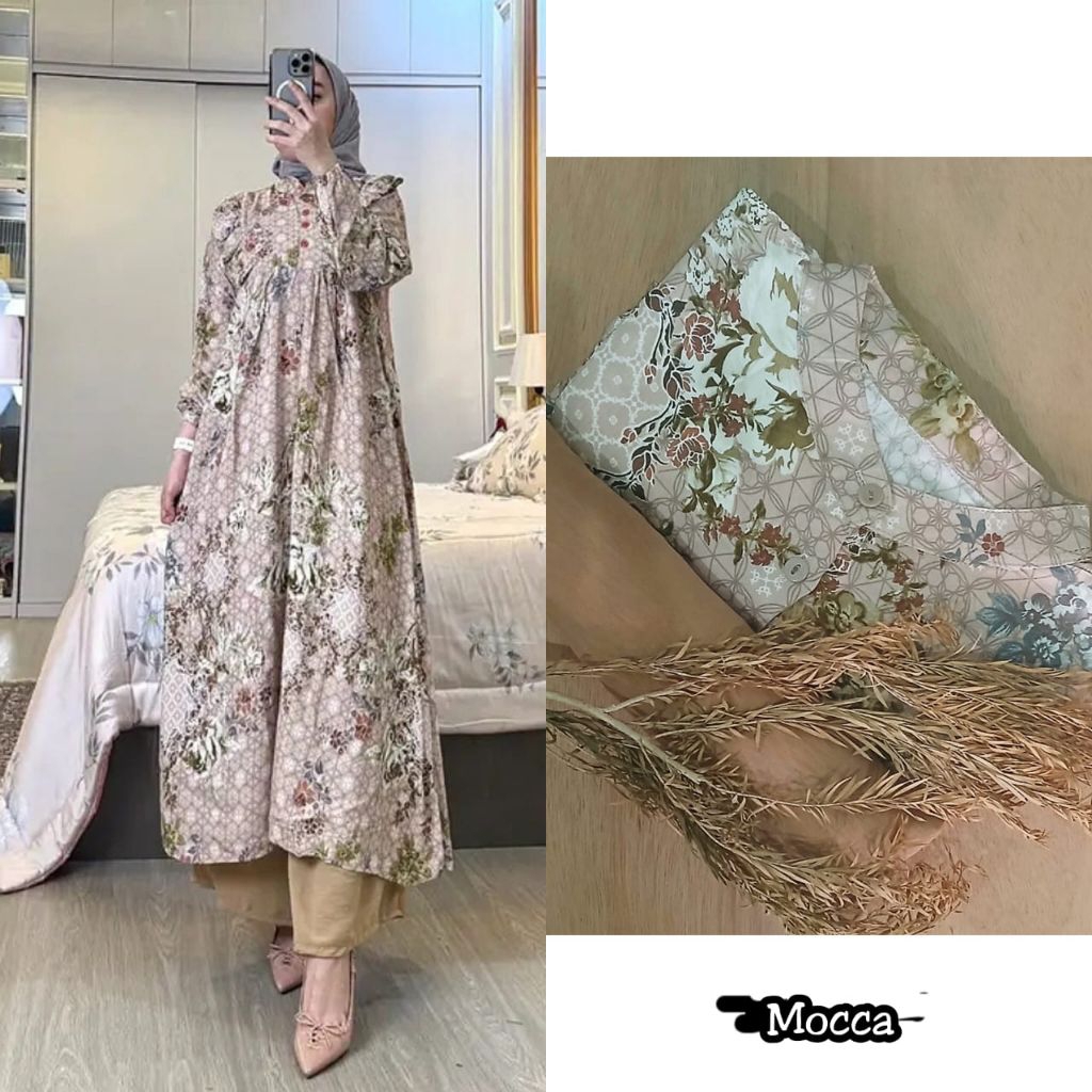 Setelan Long Tunik Rayon Motif Terbaru Busui One Set Tunik Panjang Rayon Kombinasi Crinkle Kekinian 