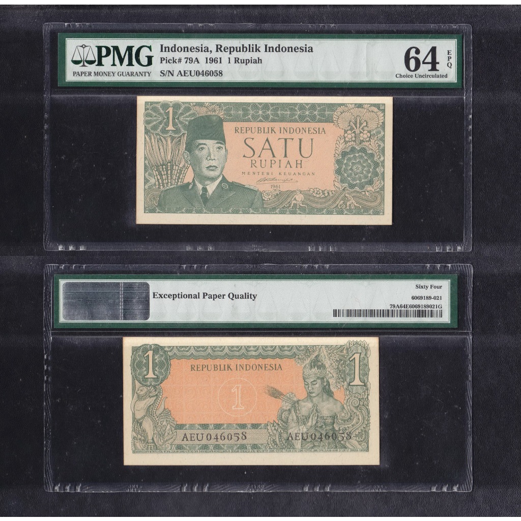 Uang kuno PMG 64 EPQ Orida Borneo - 1 rupiah tahun 1961 emisi Kalimantan Utara S/N AEU046058