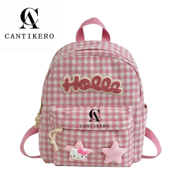 CANTIKERO Tas Ransel Huruf Kotak-Kotak Merah Muda Ransel Sekolah Tas Ransel Lucu Terbaru Anak Sekola