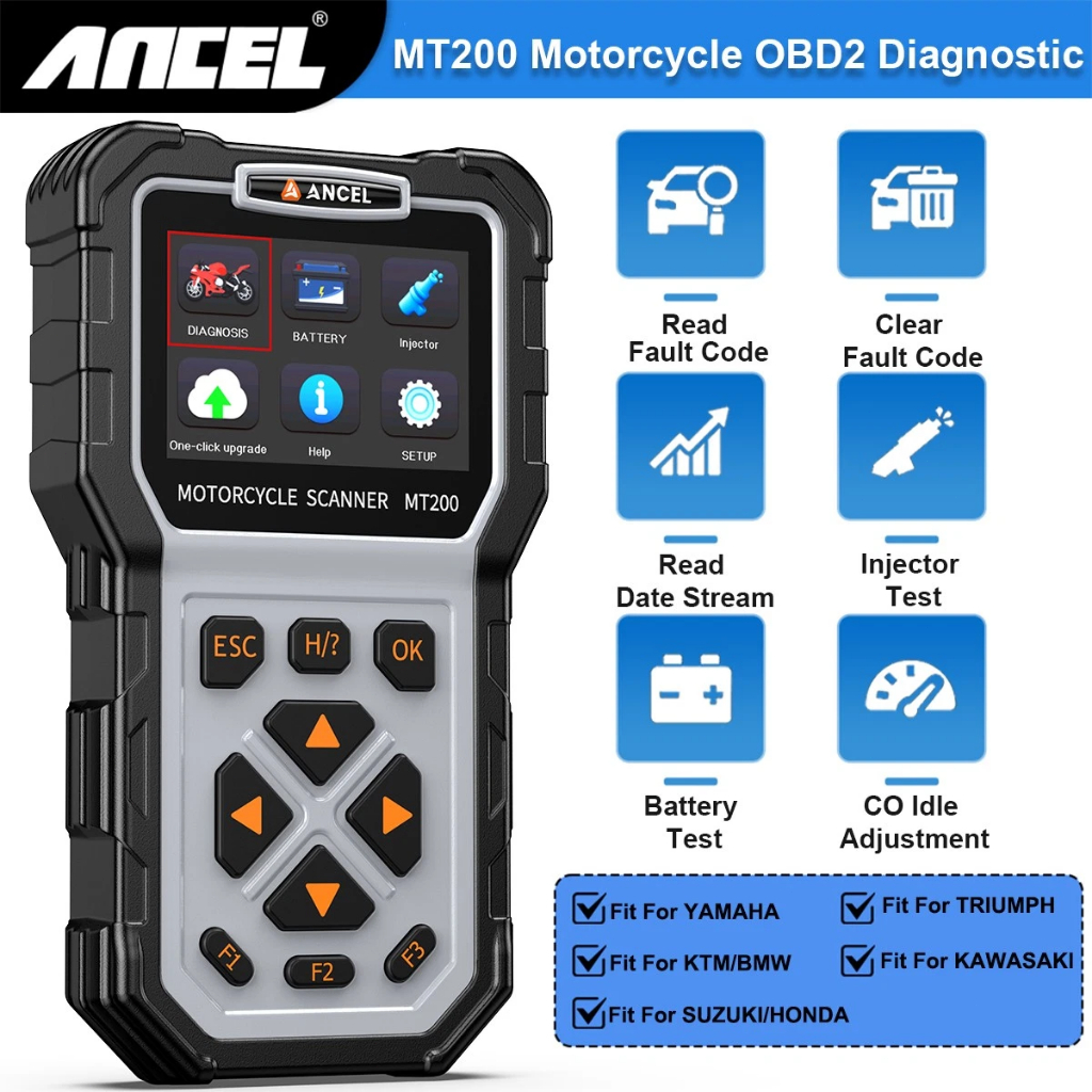 Ancel MT200 Alat Diagnostik Motor Universal Scanner OBD2 Sepeda Motor, Baca & Hapus Kode Error Data 
