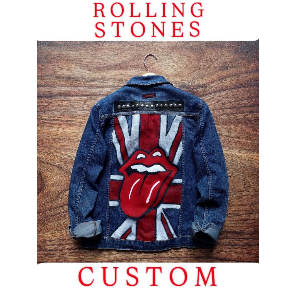 JAKET CUSTOM ROLLING STONES TRUCKER DENIM MODEL ROCK STAR PRIA/WANITA BEKASPAKAI