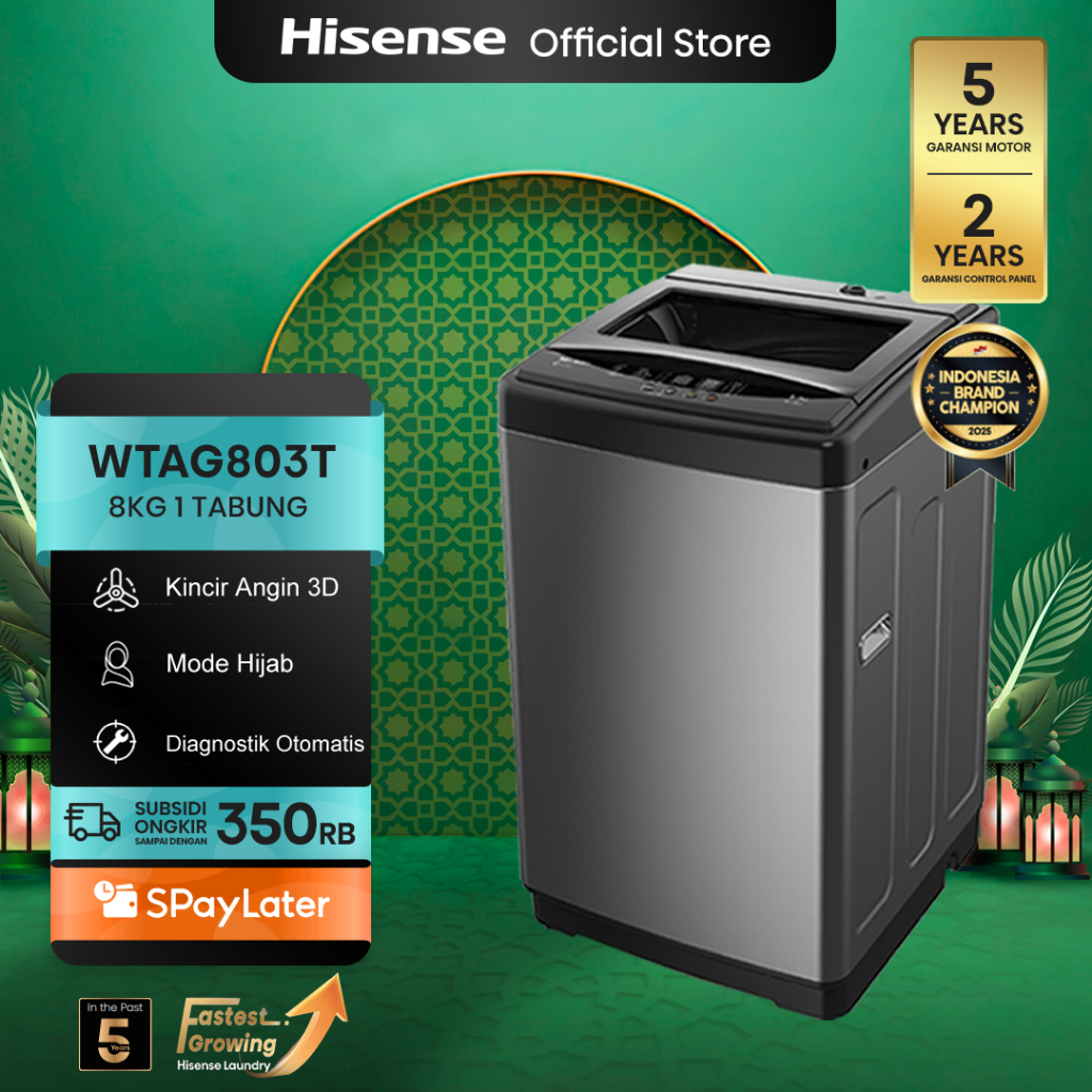 Hisense Mesin Cuci WTAG803T Top Loading Kapasitas 8KG 1 Tabung Bukaan Atas 3D Impeller Kincir Angin 