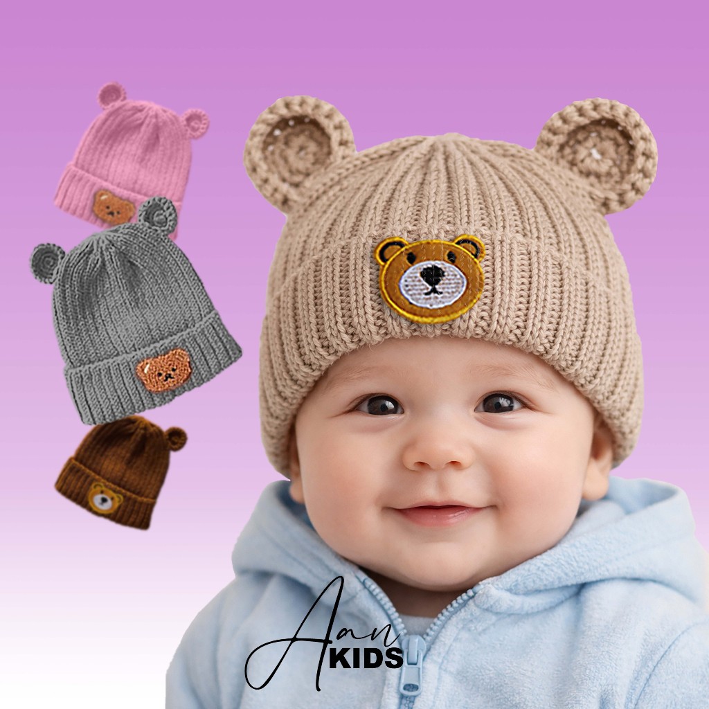 Kupluk Bayi Rajut Beruang Lembut Anti Angin Unisex 0-3 Tahun