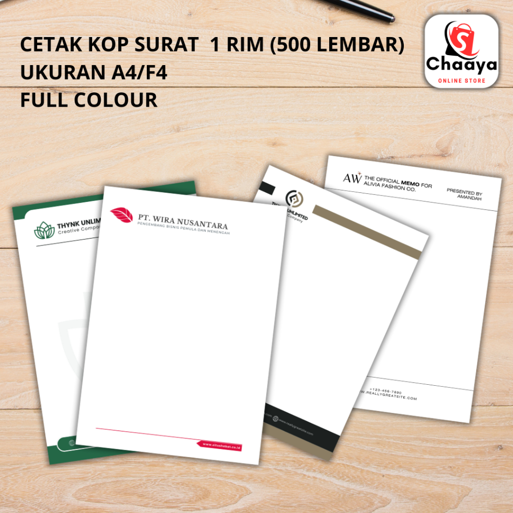 Cetak KOP SURAT 1 RIM ukuran A4/F4 full colour