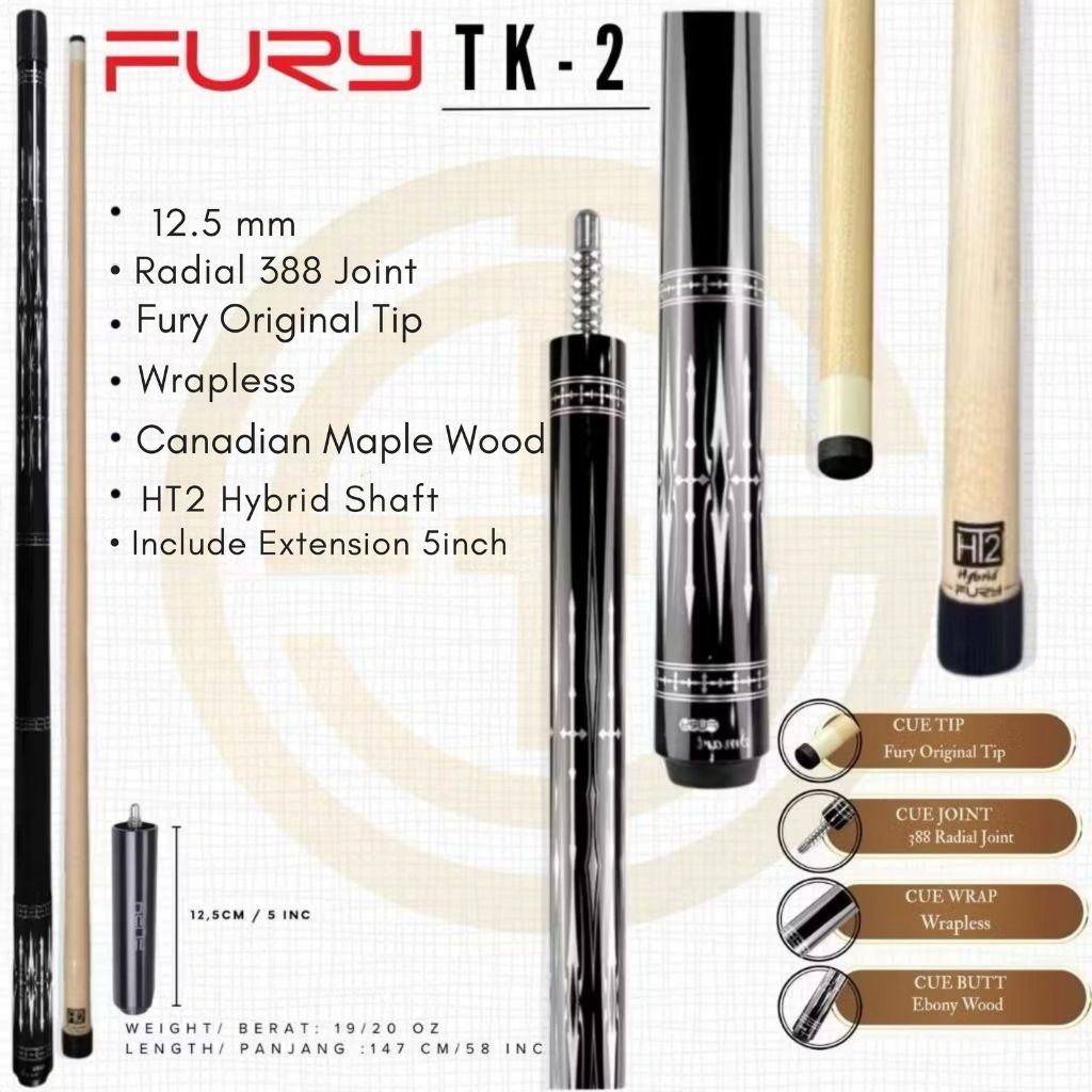 Fury TK-2 Wrapless HT2 Hybrid Shaft New - Stick Billiard Play