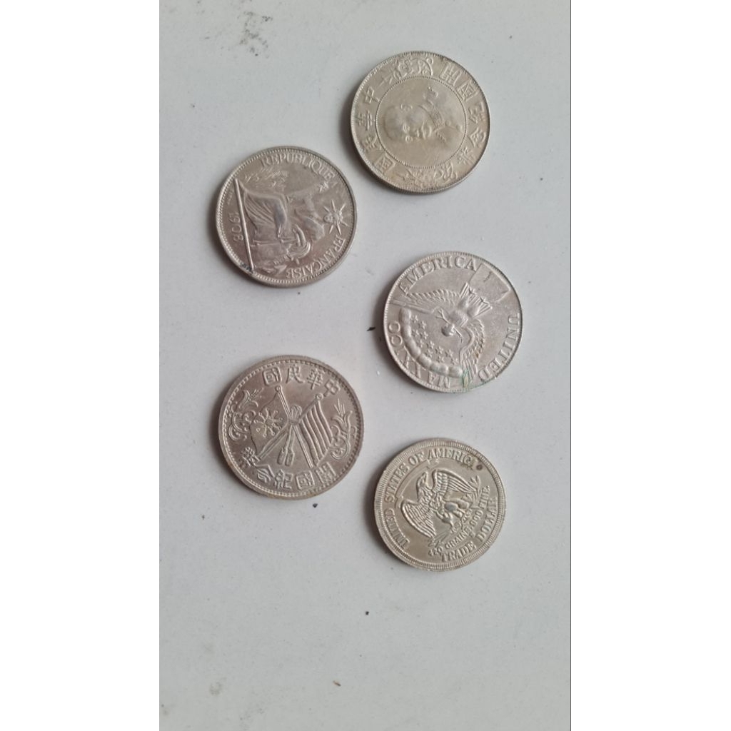 Frenc piastre,momento birth, mexican Peso,chinese ten cash,   United States Trade Dollar (5 koin)