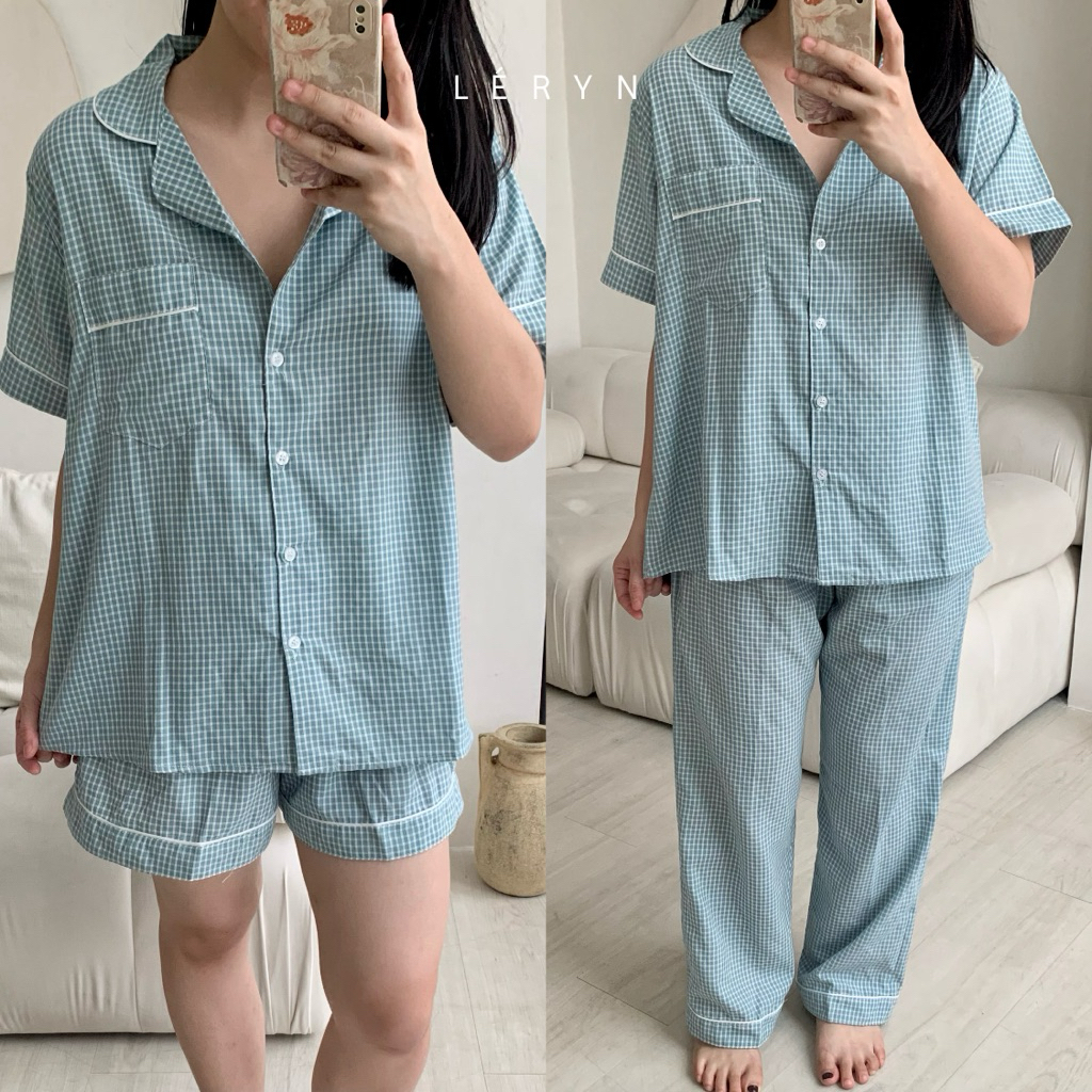 Leryn - Stelan Piyama Premium Lengan Pendek Katun Motif Kotak One Set Homewear Baju Tidur Katun