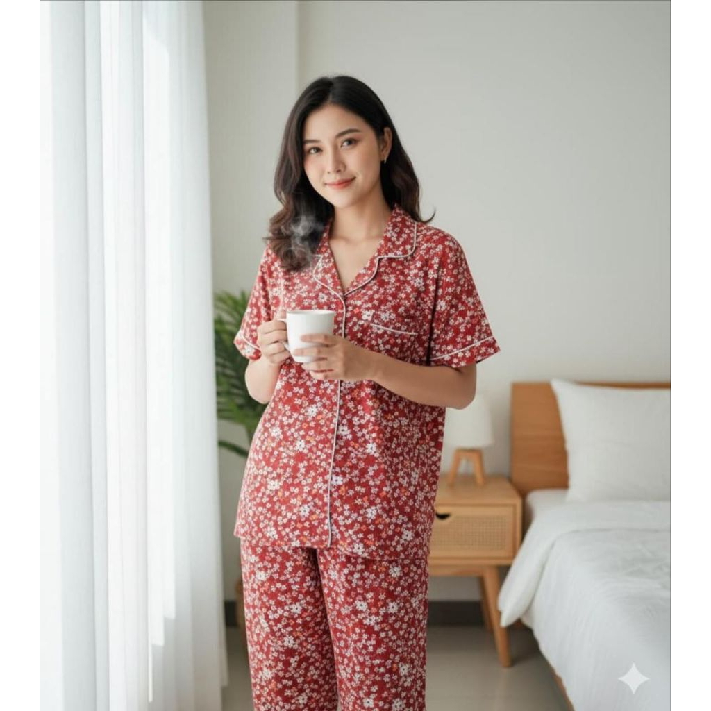 Piyama Set Motif Bunga Warna Merah