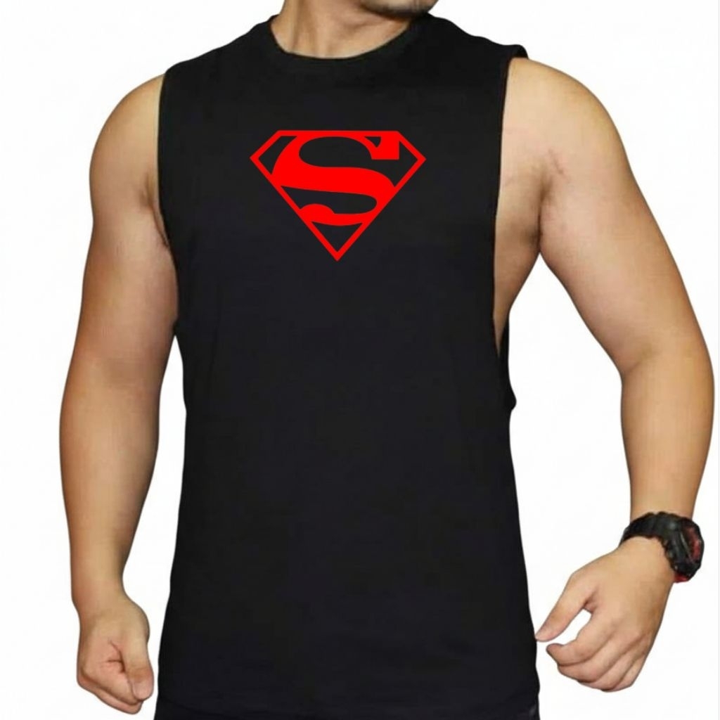 Singlet Gym Pria Belahan Low Cut Motif Superman Kaos Tanpa Lengan Singlet Fitness