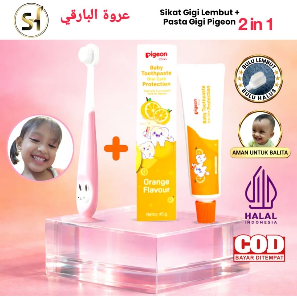 Paket bundle pasta gigi pigeon dan sikat gigi bulu halus warna ungu paket perawatan mulut anak MPASI