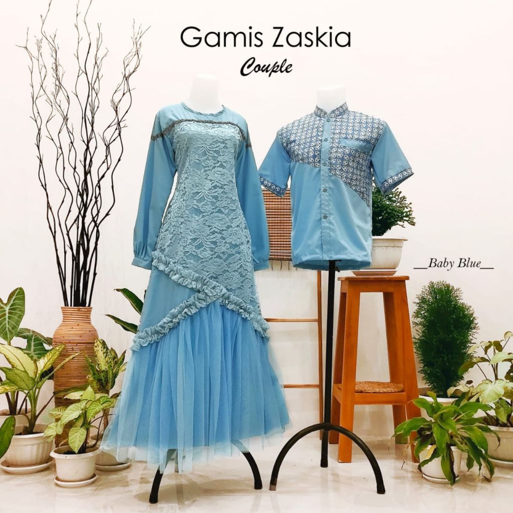 Gamis Zaskia couple family set dress brokat furring katun mix tille hem lengan pendek panjang kemeja