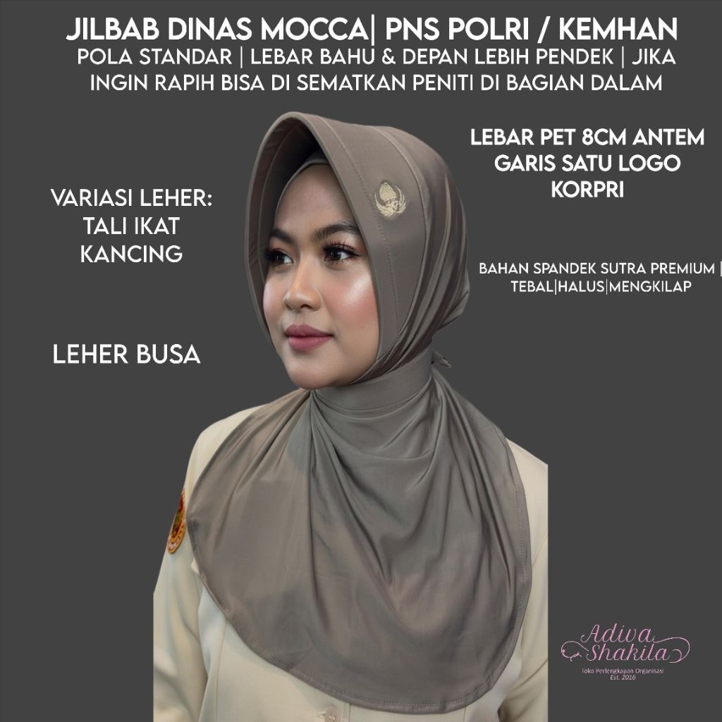 ADIVA-- JILBAB DINAS PUTIH | HITAM | MOCCA PNS POLRI / KEMHAN | LOGO KORPRI | TANPA LOGO | POLA STAN