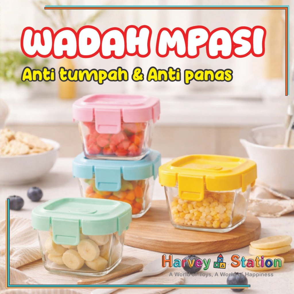 Tempat MPASI Kaca Tempat Makan Bayi Anti Tumpah Kontainer Wadah Snack Mpasi Tahan Panas Microwave Pe